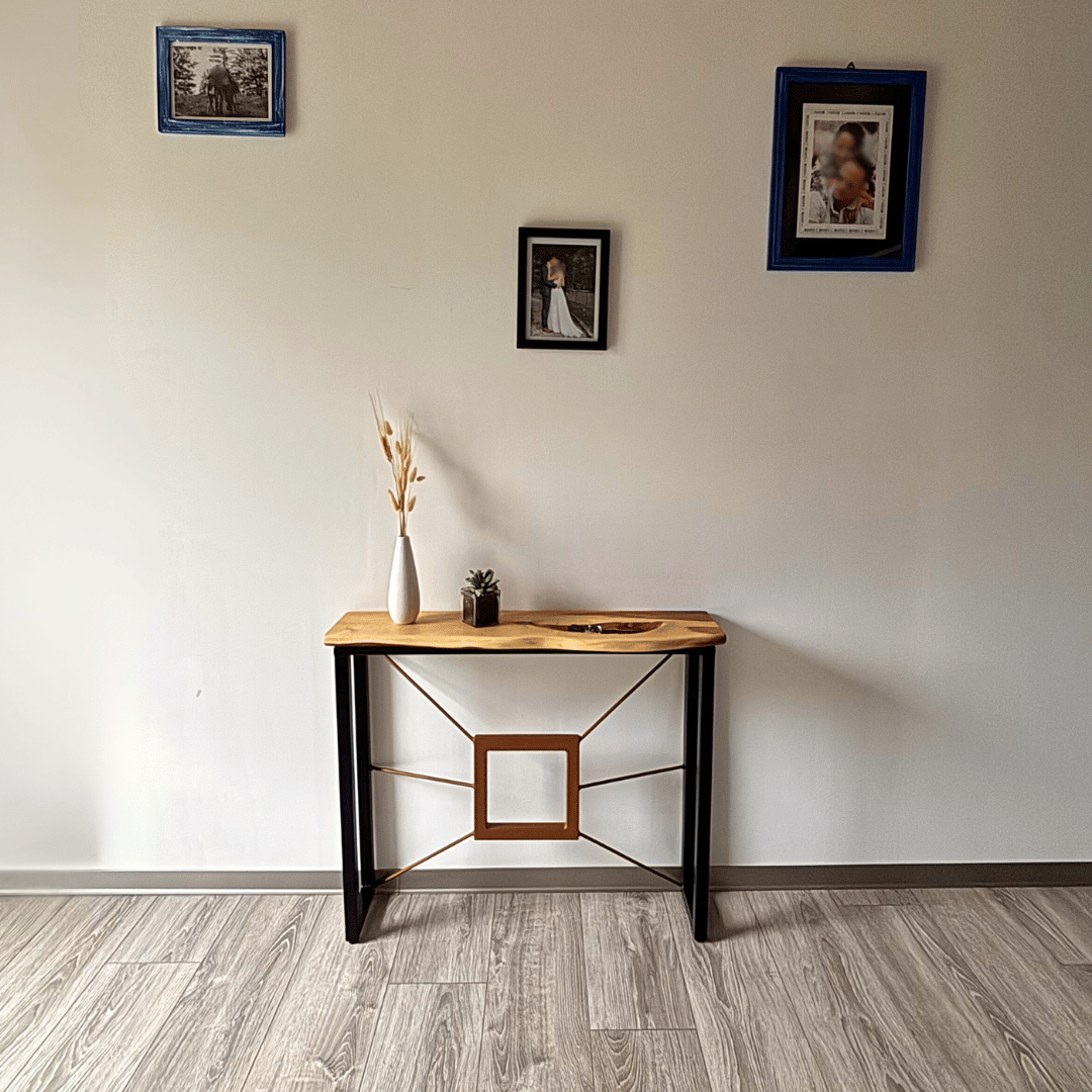 Console d'entrée en noyer massif et métal sur-mesure et personnalisée