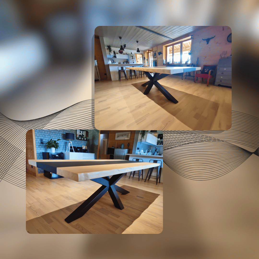 Table en sapin avec pied métal en étoile.