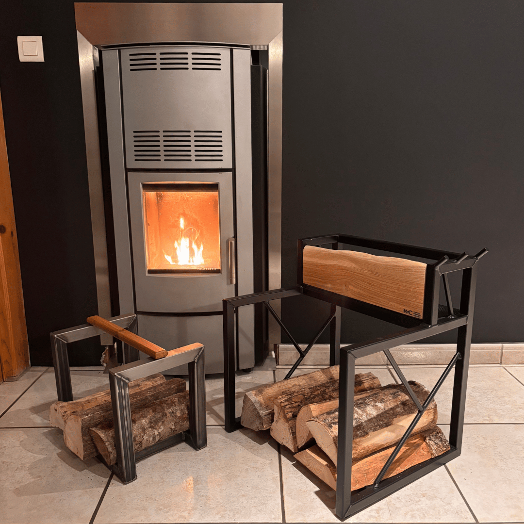 range buche, porte buche, près du feu de cheminée, fabrication artisanale.